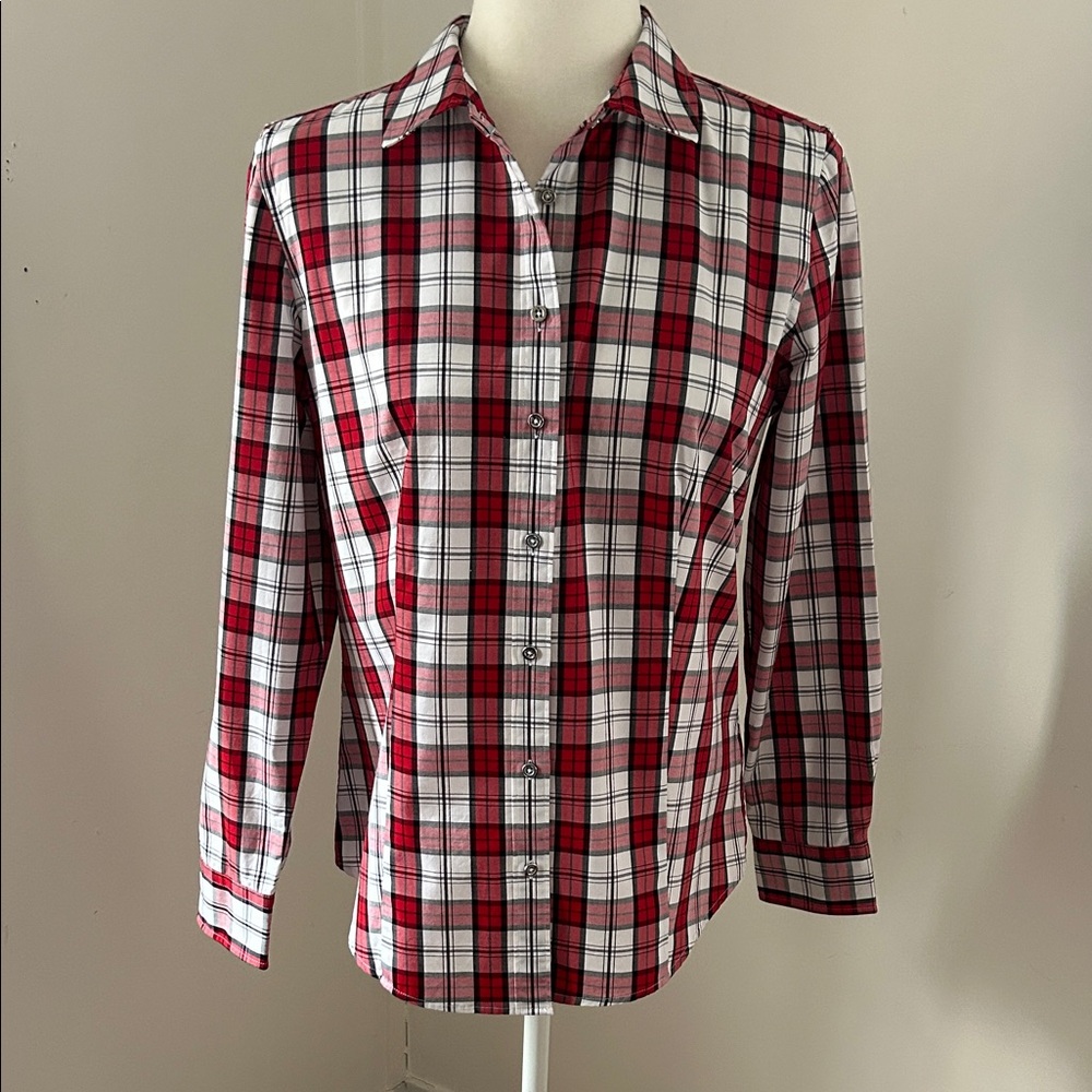 Talbots Red, Black And White Cotton Plaid Button Down sz 6
